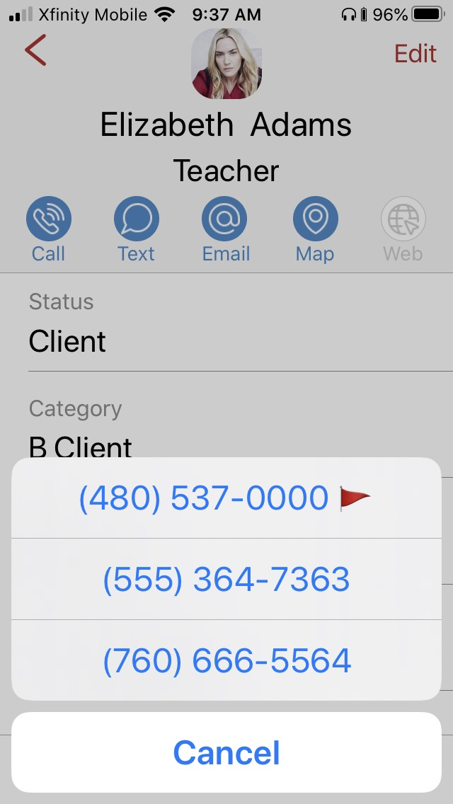 Redtail app contact card phone options