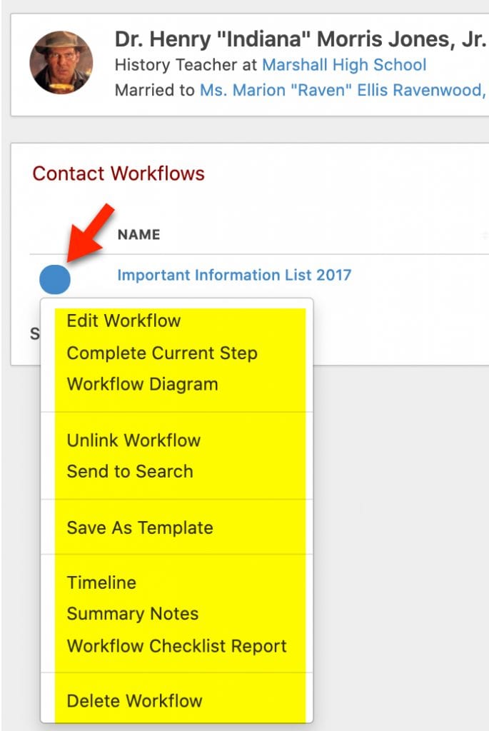 main contact Workflows page actions menu