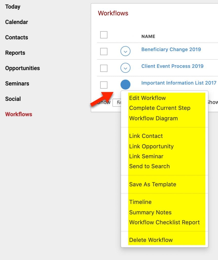main Workflows page actions menu