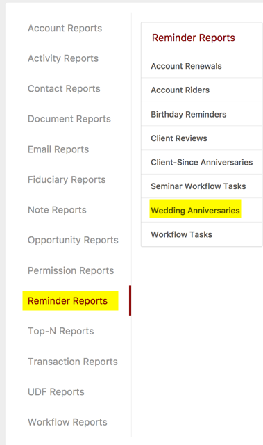 wedding anniversary reminders report