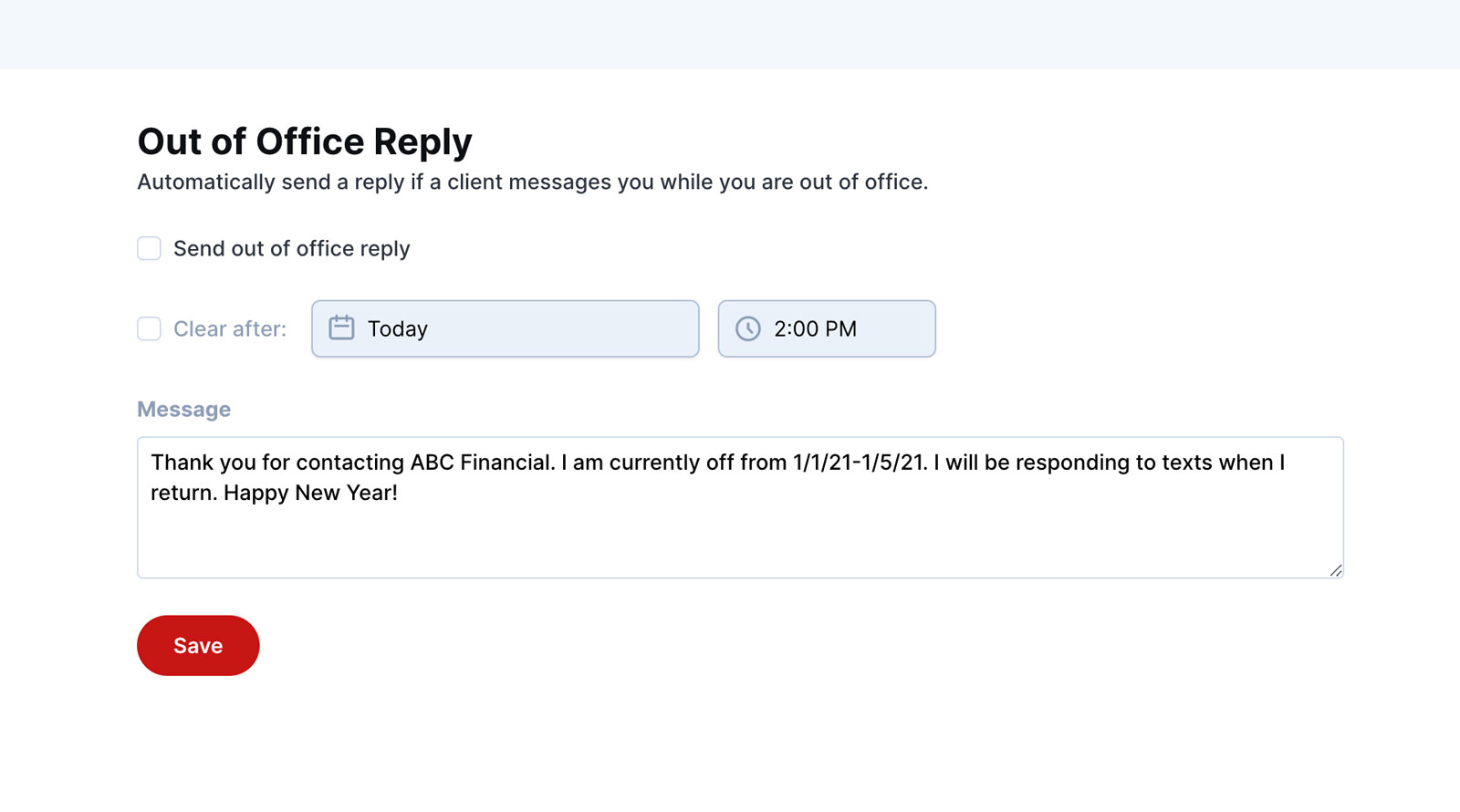 Speak out-of-office message interface