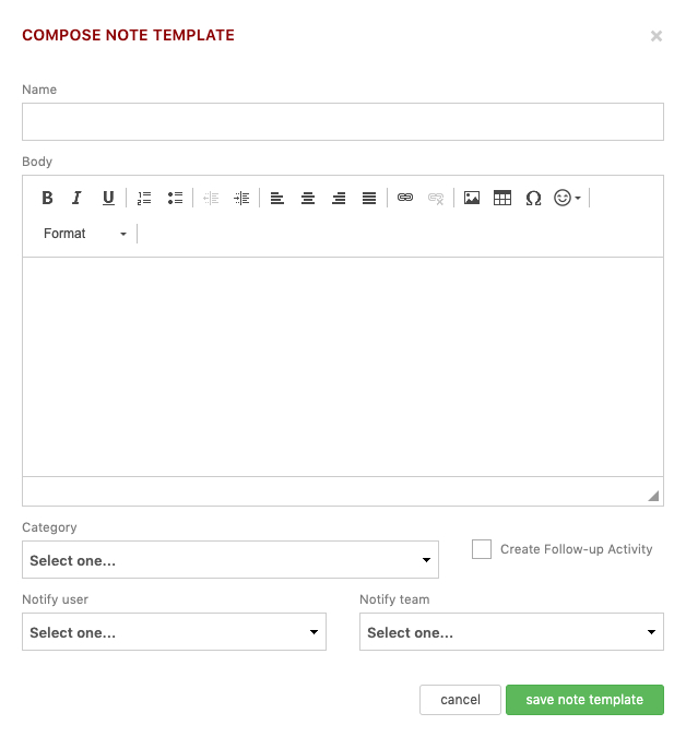 Click "new" and you'll arrive at the modal where you can begin setting up your Template: